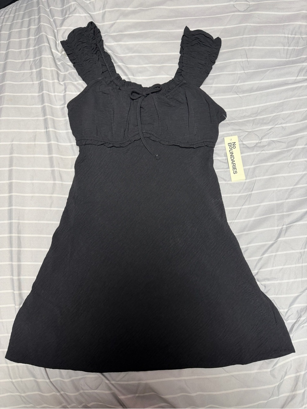 No Boundaries Black Ruffled Strap Mini Dress with Tie Front